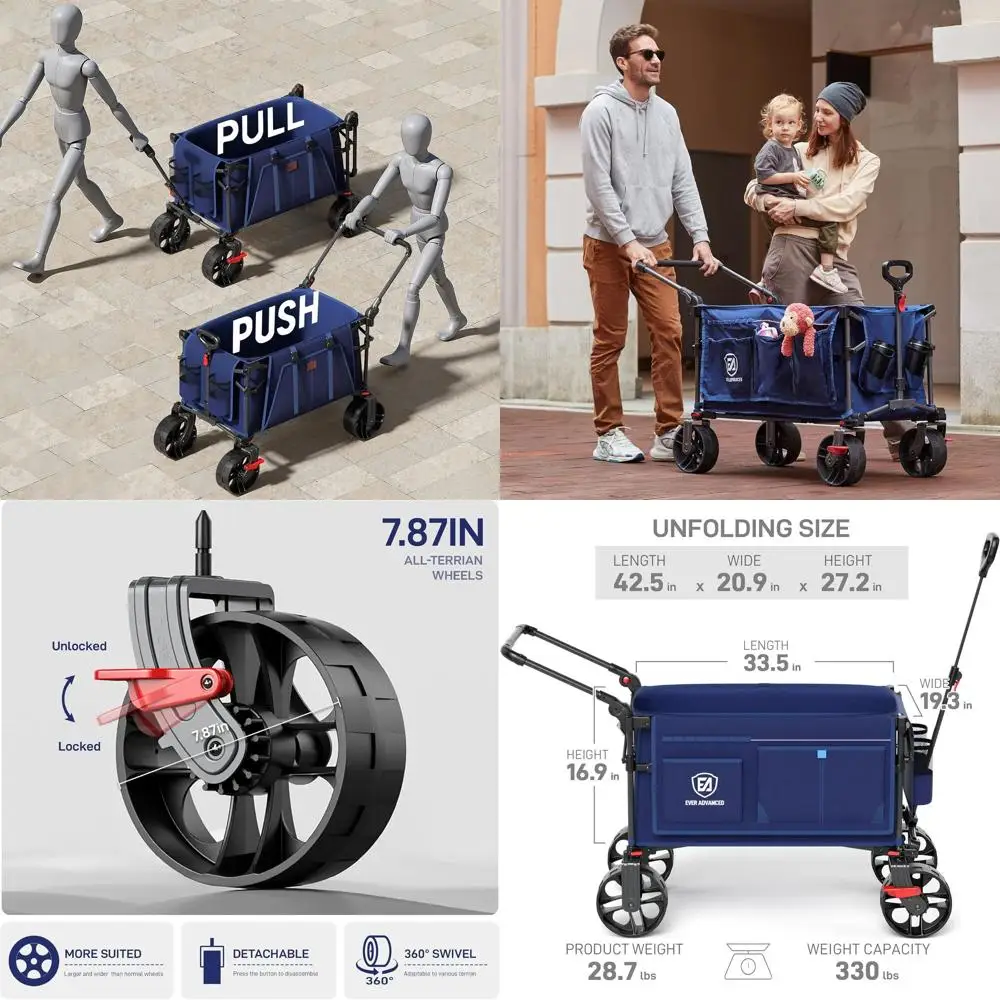 

Collapsible Utility Wagon with Brakes for Outdoor Adventures and Shopping, featuring Big All-Terrain Wheels