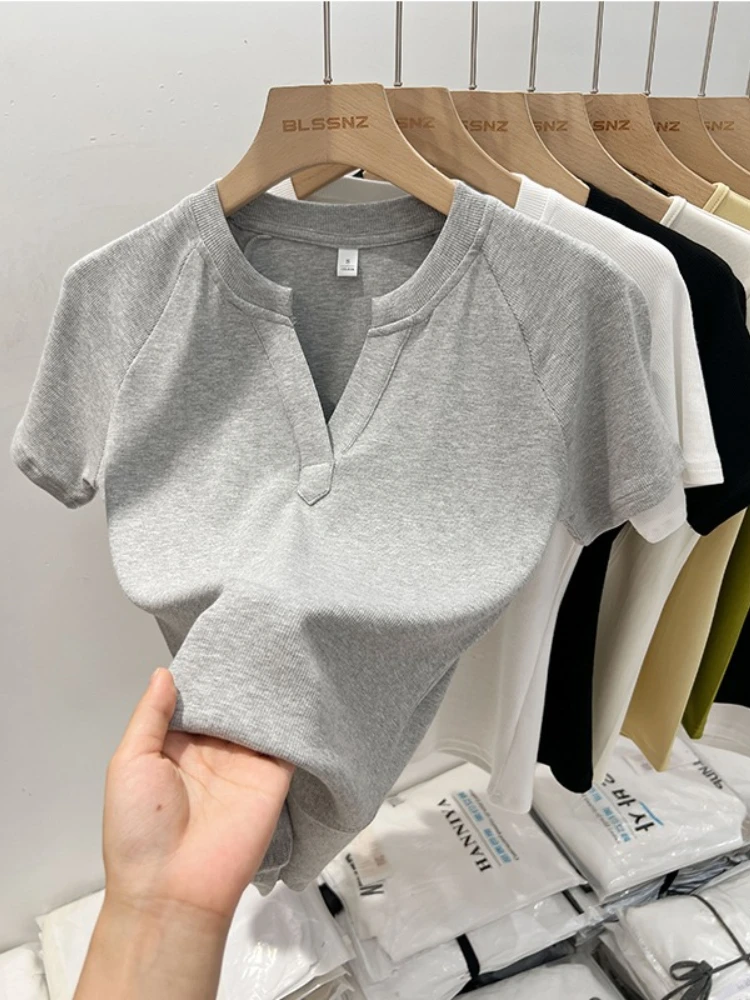 2026 Summer Women T-Shirt V-Neck Short Sleeve T-Shirt Casual Versatile Stylish Age-Reducing Slim Fit Slimming Tee Base Top