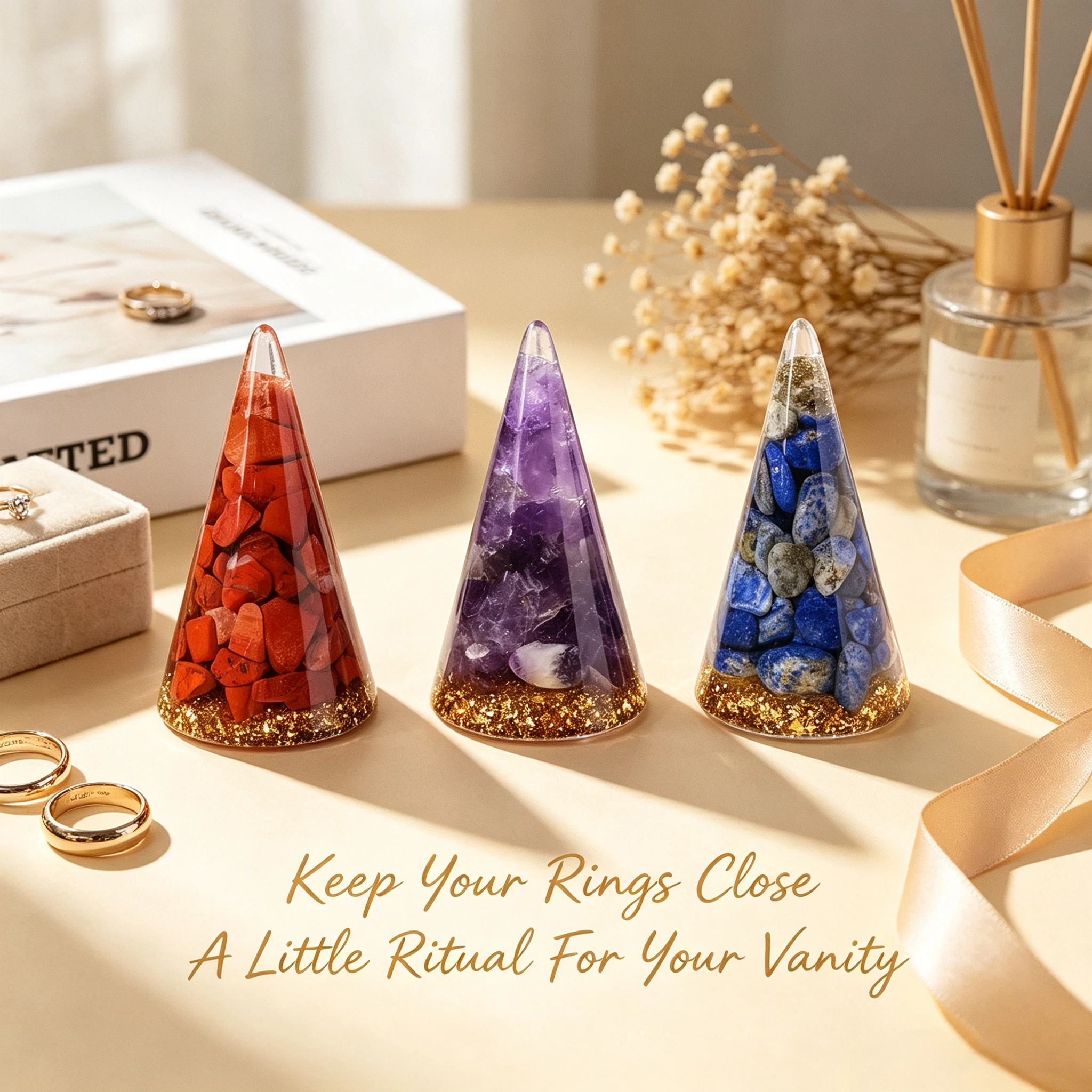 7pcs/set Natural Crushed Crystal Resin Conical Ring Holders Ideal for Ring Storage & Desktop Home Decor Perfect Gift Choices