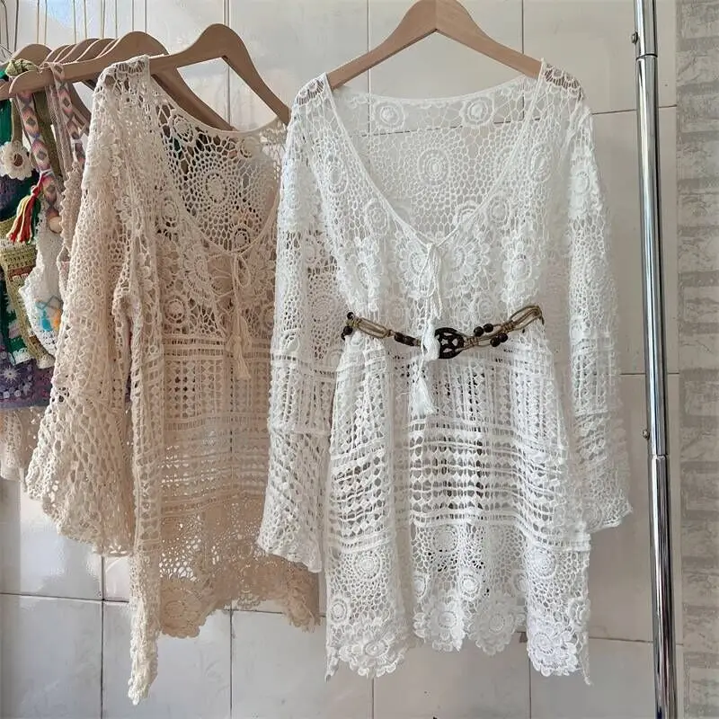 

New Sexy Knitted Hollow Out V-neck Floral Embroidery Shirt Sun Protection Tees Fashion Tops K208 Bohemian Pullovers Women Summer