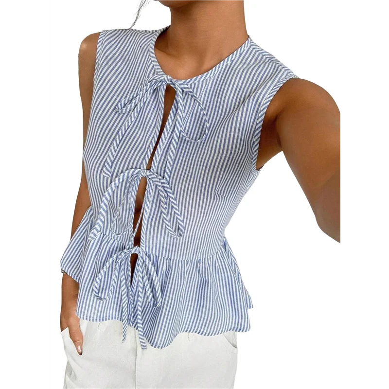

Women's Striped Print Tie Front Knot Crew Neck Sleeveless Tank Blouses Ruffle Peplum Tops