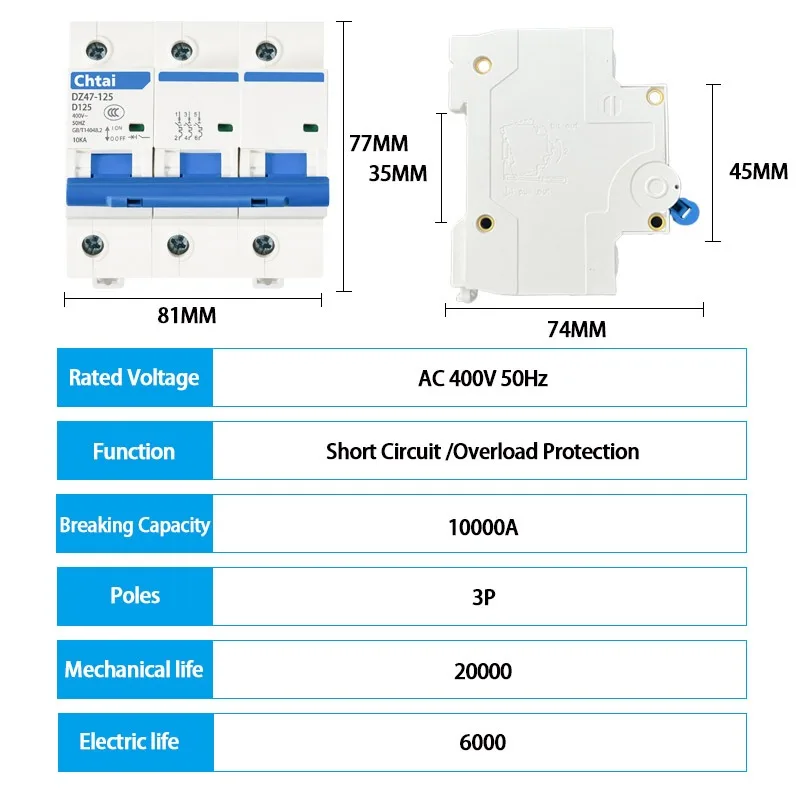 3P 80A 100A 125A AC Miniature Circuit Breaker 600V Small Mini Circuit Breaker C Type MCB 240V/415V Breaking Capacity 10ka DZ47