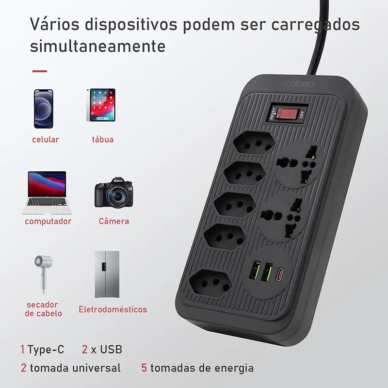 Filtro de linha multitoque com USB tipo C, Plugue brasileiro, Cabo de extensão de tomada, Carregador de plugue USB