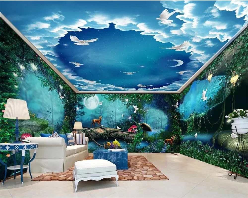 Custom wallpaper 3d giant painting super aesthetical dream forest moonlight whole house wallpaper dream fairy tale forest mural