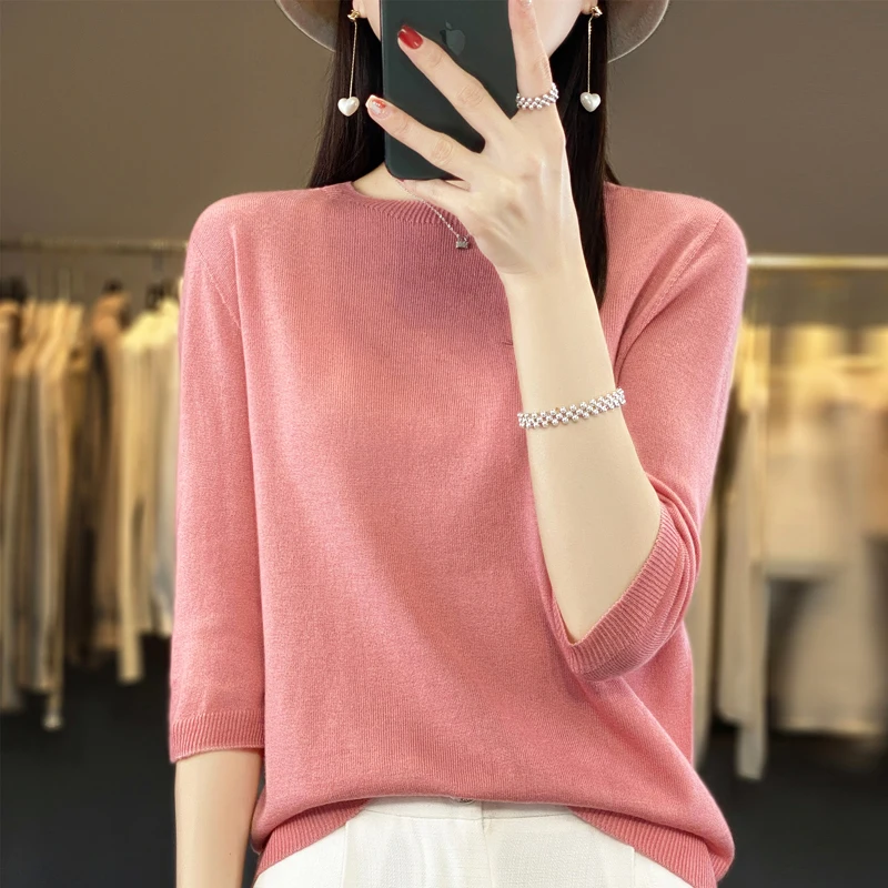 2024 New Spring Summer New Cashmere half sleeve  Women O-Neck  half sleeve Cashmere Knitted half sleeve Women