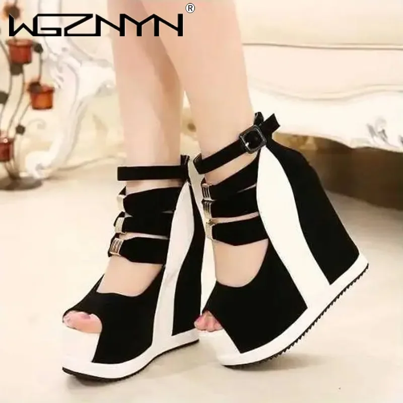New Flock Ankle Boots Women Sandals Sexy Hollow High Slope with Fish Mouth Single Shoes Thick Bottom Wedges Zapatillas De Mujer