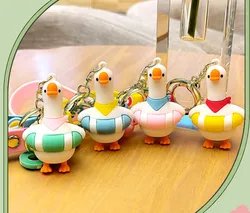 Kawaii 3D Cartoon Goose Swim-ring KeyChain PVC Handmade Car Backpack Key Chain Pendant Jewelry Gifts For Girl Women Doll Machine