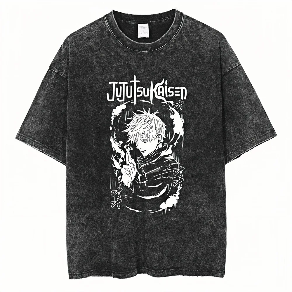 

Jujutsu Kaisen Gojo Satoru Acid Washed T-Shirt Line Art Print Oversized Minimalist Monochrome Aesthetic Streetwear Tees
