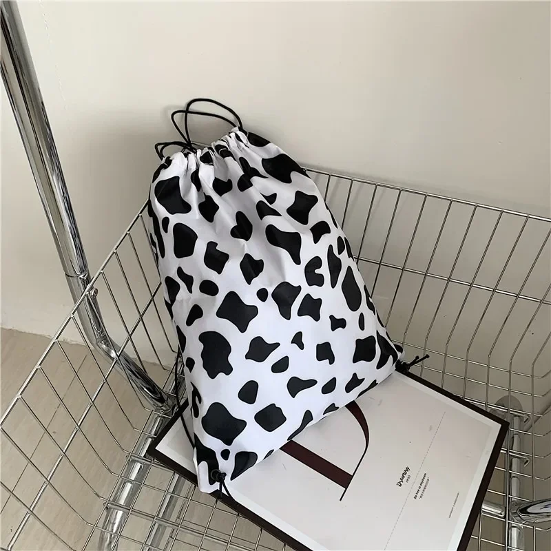 Drawstring Backpack, Black and White Cow Pattern, Polyester, Waterproof, Lightweight, Gym, Yoga, Swimming, Hiking,  Unisex Adult