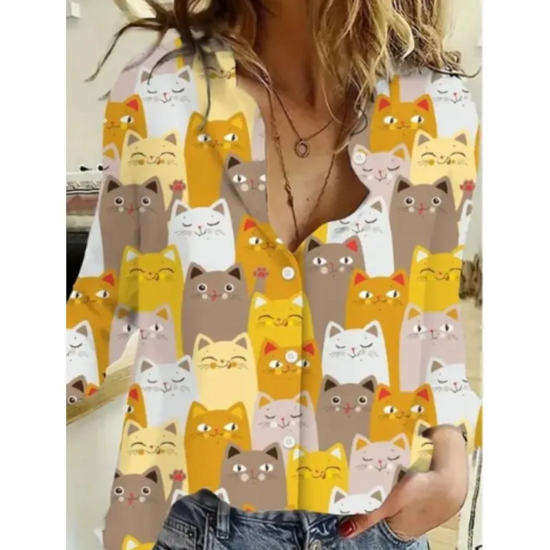 2024  Women\'s Shirt Cat 3D Digital Printing Cute Style Fashionable Casual Trend Lapel Long-Sleeved Cardigan Blouses Femme Blusas