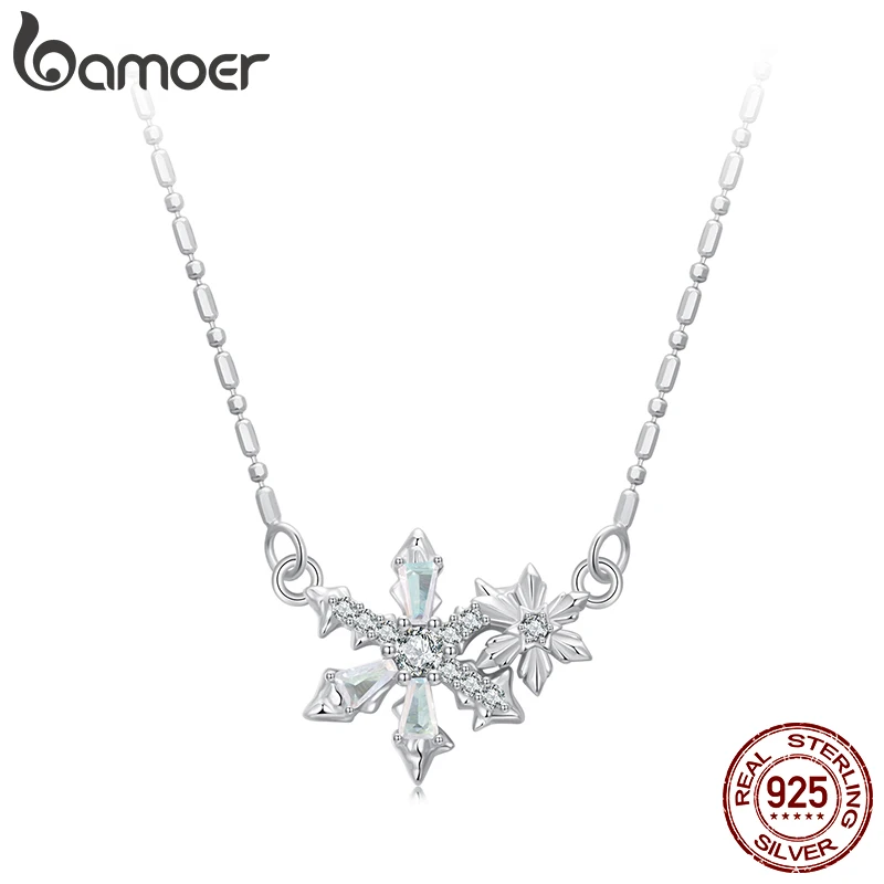 

BAMOER Genuine 925 Sterling Silver Dainty Chain Snowflake Necklace for Women, Cute Ice Flowers Necklaces Christmas Jewel BSN417