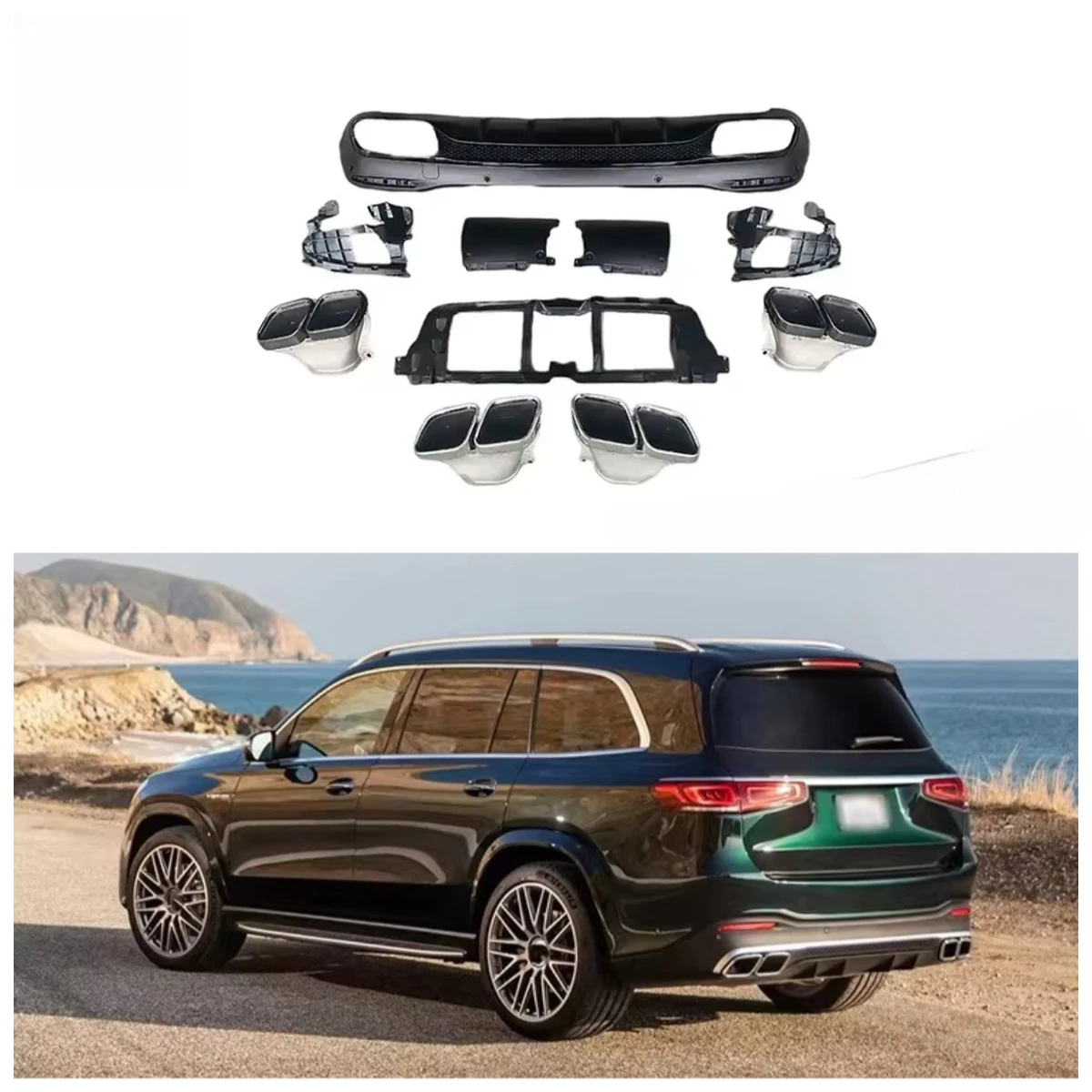 

High Quality GLS63 Style Rear Diffuser With Silver Black Tips for X167 2019-2022