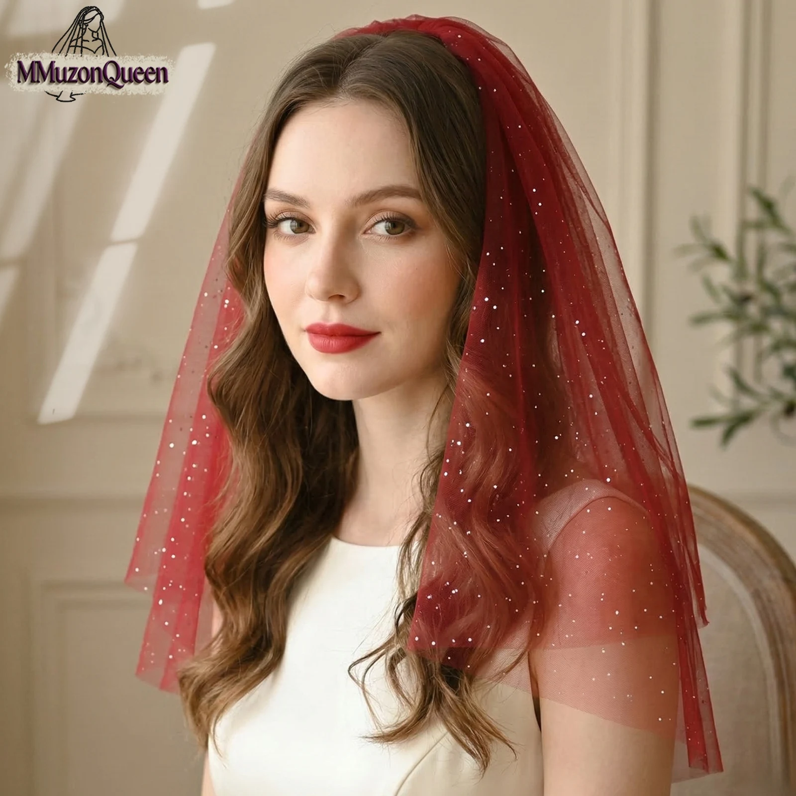 TOPQUEEN Glitter Veil Double Layer Short Amanda Novias Blue Wine Red Wedding Accessories Customizable V265