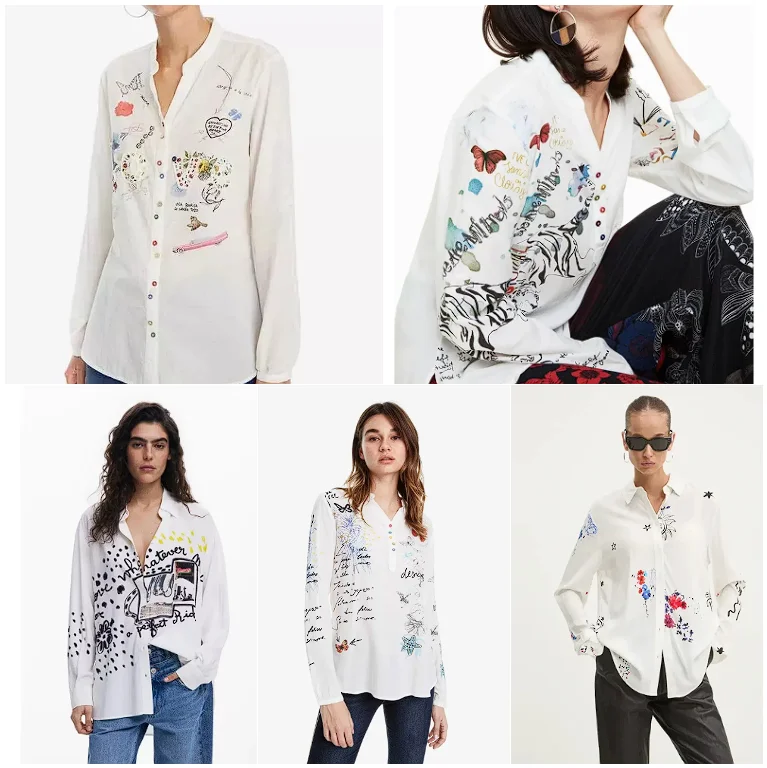 

2025 New Foreign Trade Original Order Spanish Women's Shirt Embroidered Printed Graffiti Designer's Loose White Shirt