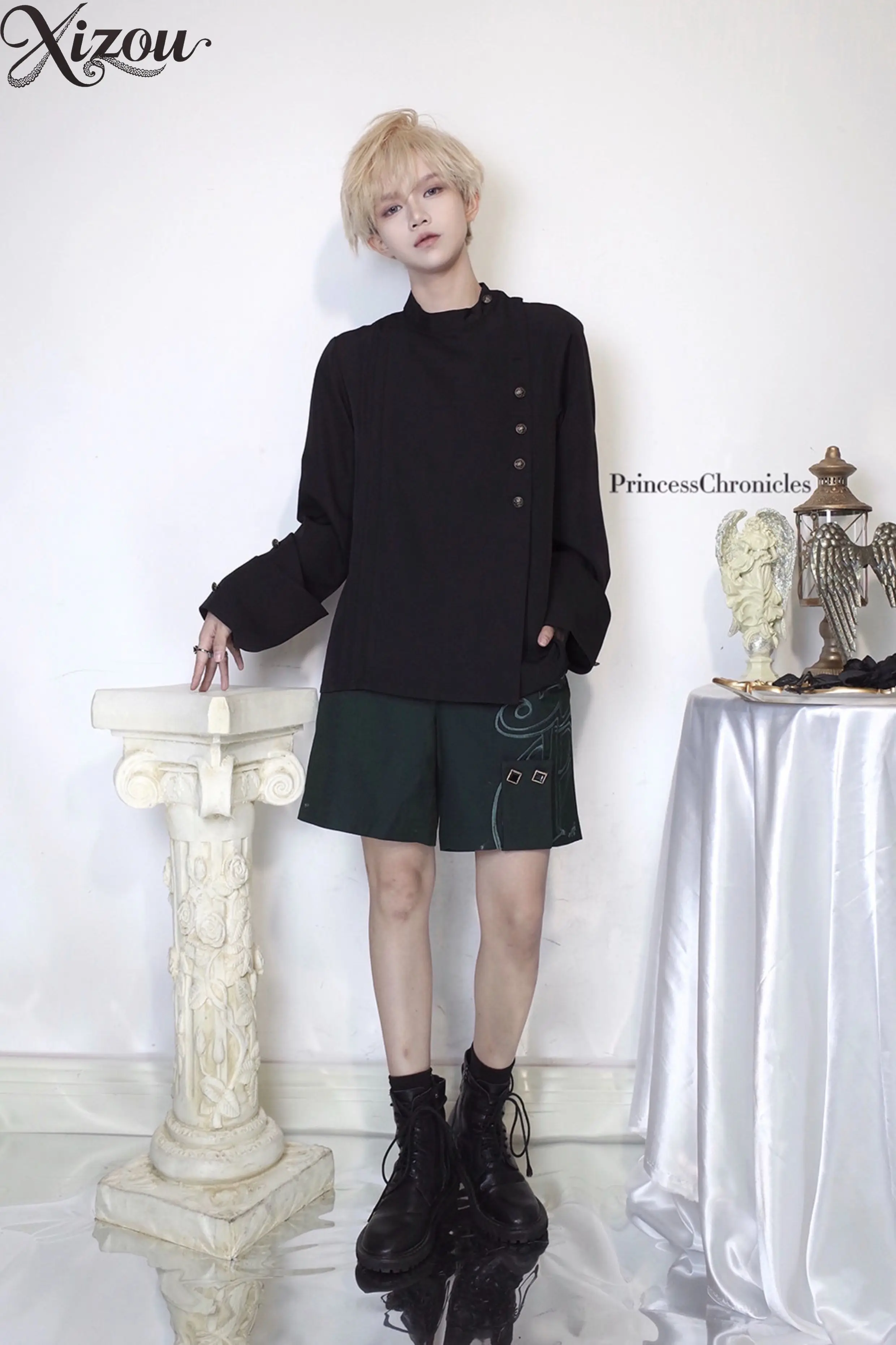 Medieval Ouji Lolita Shirt Black High Neck Diagonal Metal Buttons Long Sleeve Vintage Gothic Prince Blouse Spring Autumn 2026