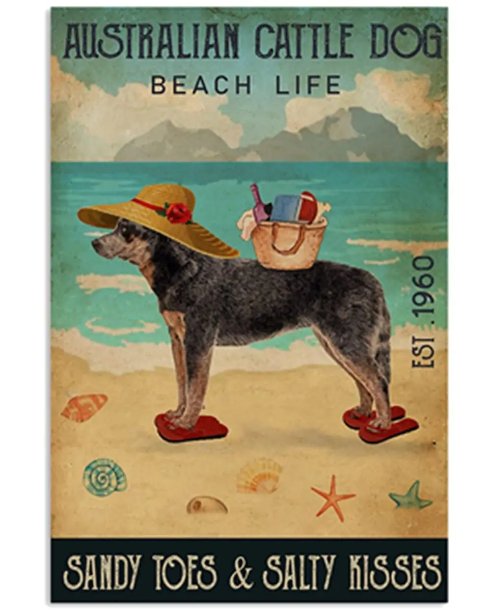 

Vintage Wall Metal Poster Beach Life Sandy Toes Australian Cattle Dog Poster Retro Vintage Aluminum Sign for Home and Bar