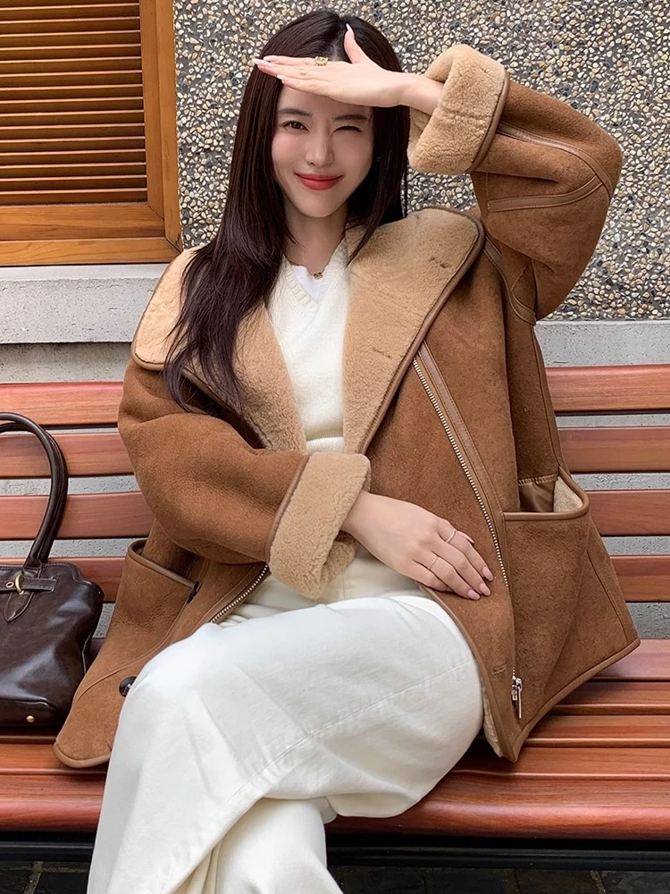 High-end Luxury Merino Sheep Fur Winter Motorcycle for Jacket Women Simple Double-sided Wear Real Fur Genuine Leather Suede Coat