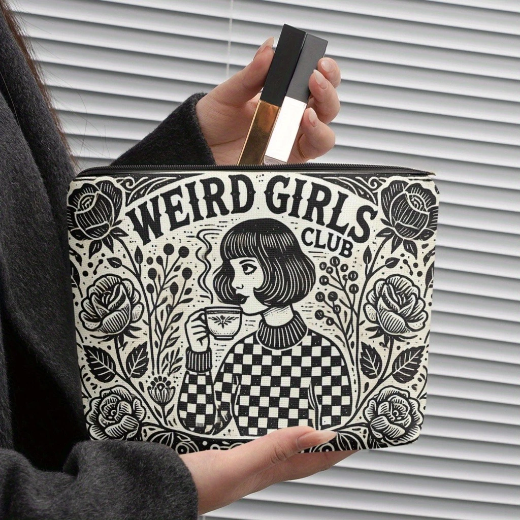 Chic Gift Weird Girls Club Makeup Bag Vintage Floral & Checkered Design Zipper Cosmetic Pouch for Travel Toiletries Storage Bag