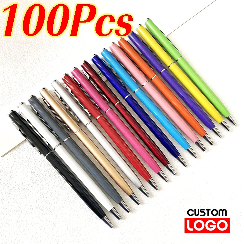 

100pcs Custom Logo Metal Ballpoint Pen Business Office Engraved Name Signature Pen Advertising Stationery Teacher Gift Ball Pen