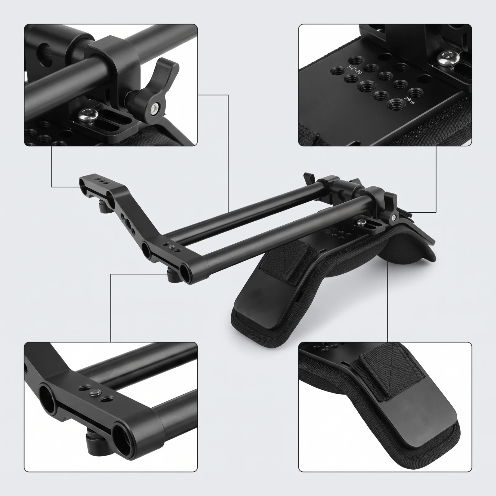 Shoulder Pad with Rod Clamp Padded Shoulder Rig Support Rotating Modular for Videographers, Handheld Filming, Footage Production