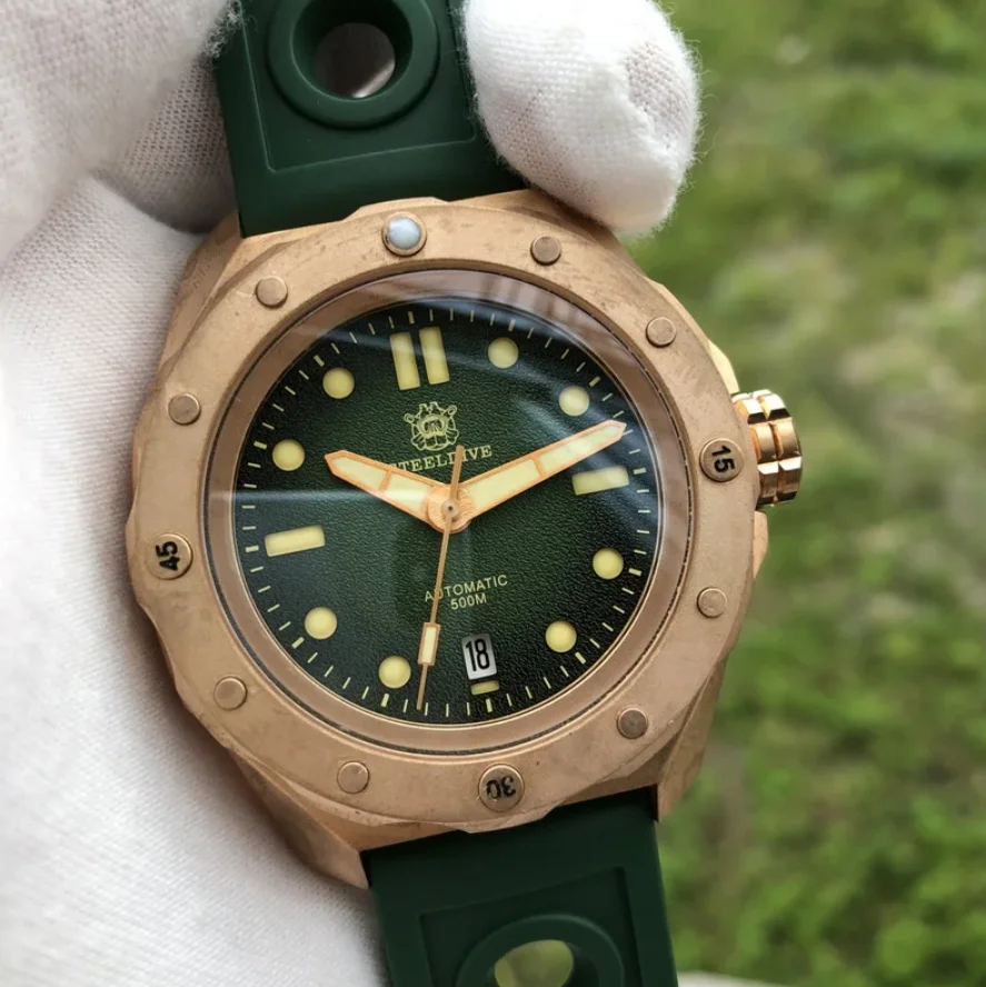 STEELDIVE Men Automatic Watch 46mm Bronze Mechanical Wristwatch Diver 50Bar Waterproof C3 Luminous Sapphire Mirror NH35 Military