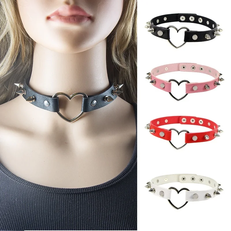 Nuevo Sexy Punk Spike Cosplay Collar gargantilla gótico Pu cuero Rock collares Harajuku Collar gargantilla con corazón de Metal para mujer
