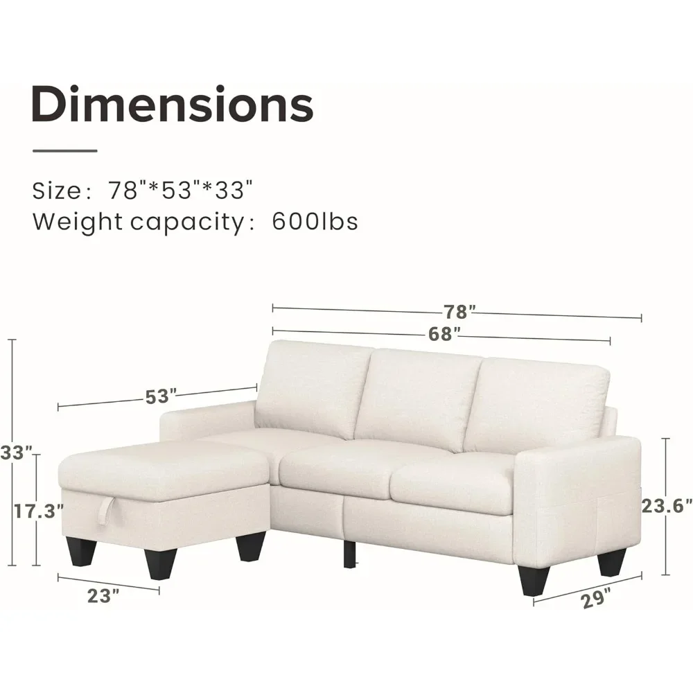 Convertible Sectional Sofa Couch, Beige 3 Seat L-Shaped Couch with Storage Ottoman, Modern Linen Fabric Couches for Living Room