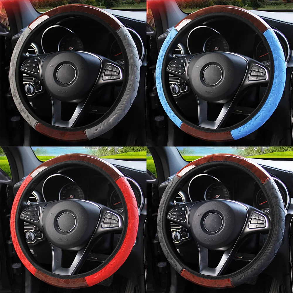 4 Colors Universal PU Leather Steering Covers Wooden Pattern Interior Accessories Car-styling Car Steering Wheel Cover