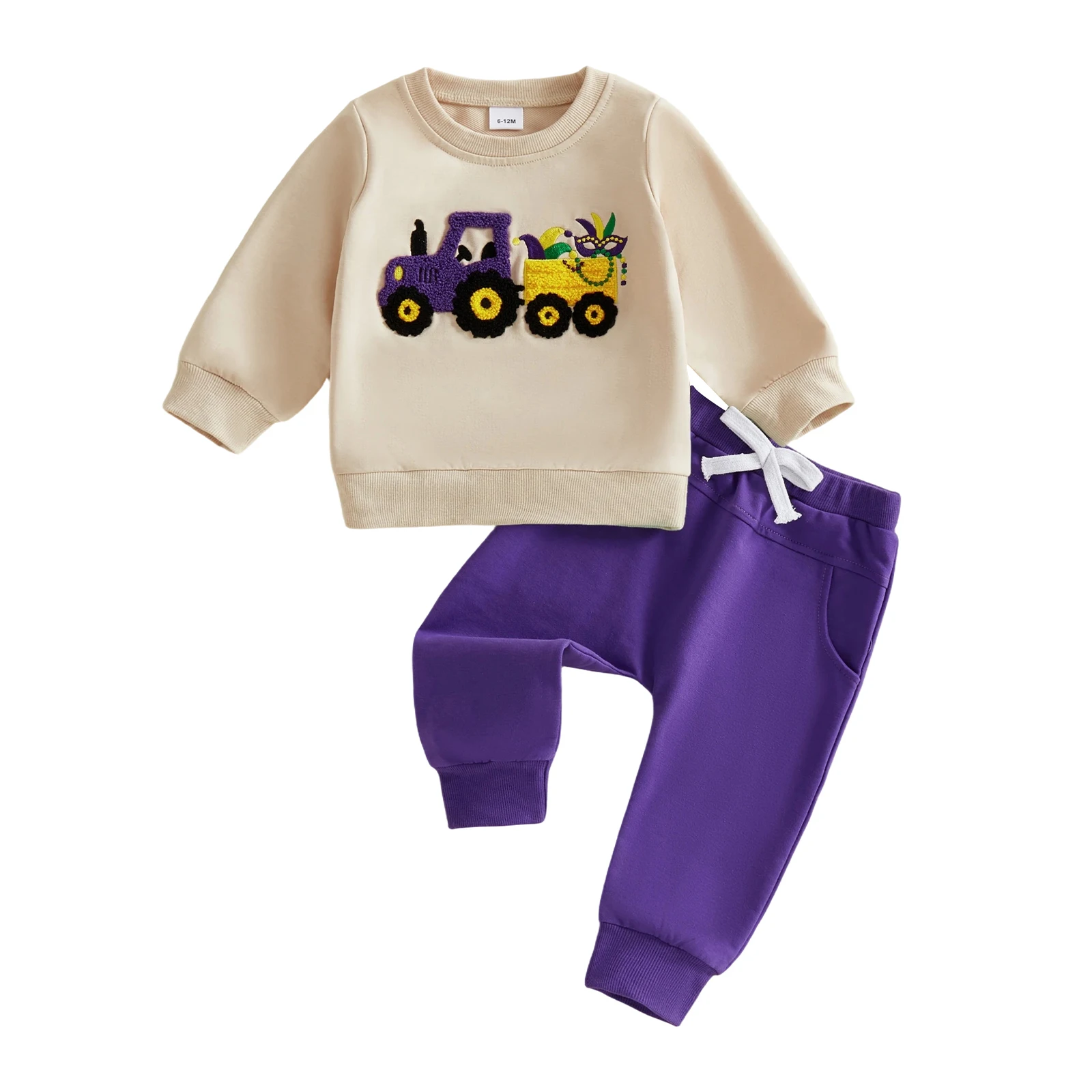 Boys 2-piece Outfit, Long Sleeve Embroidery Tractor Sweatshirt with Elastic Waist Sweatpants MardiGras Outfit 0-3T