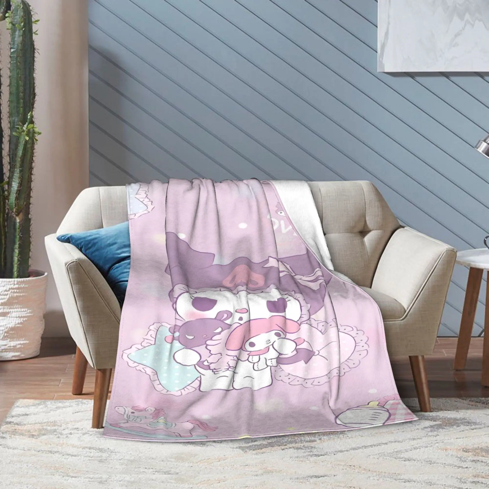 Kuromi Baku بلدي ميلودي بطانيات محبوكة الصوف الكرتون خفيفة الوزن رقيقة رمي البطانيات للسفر في الهواء الطلق غرفة نوم لحاف