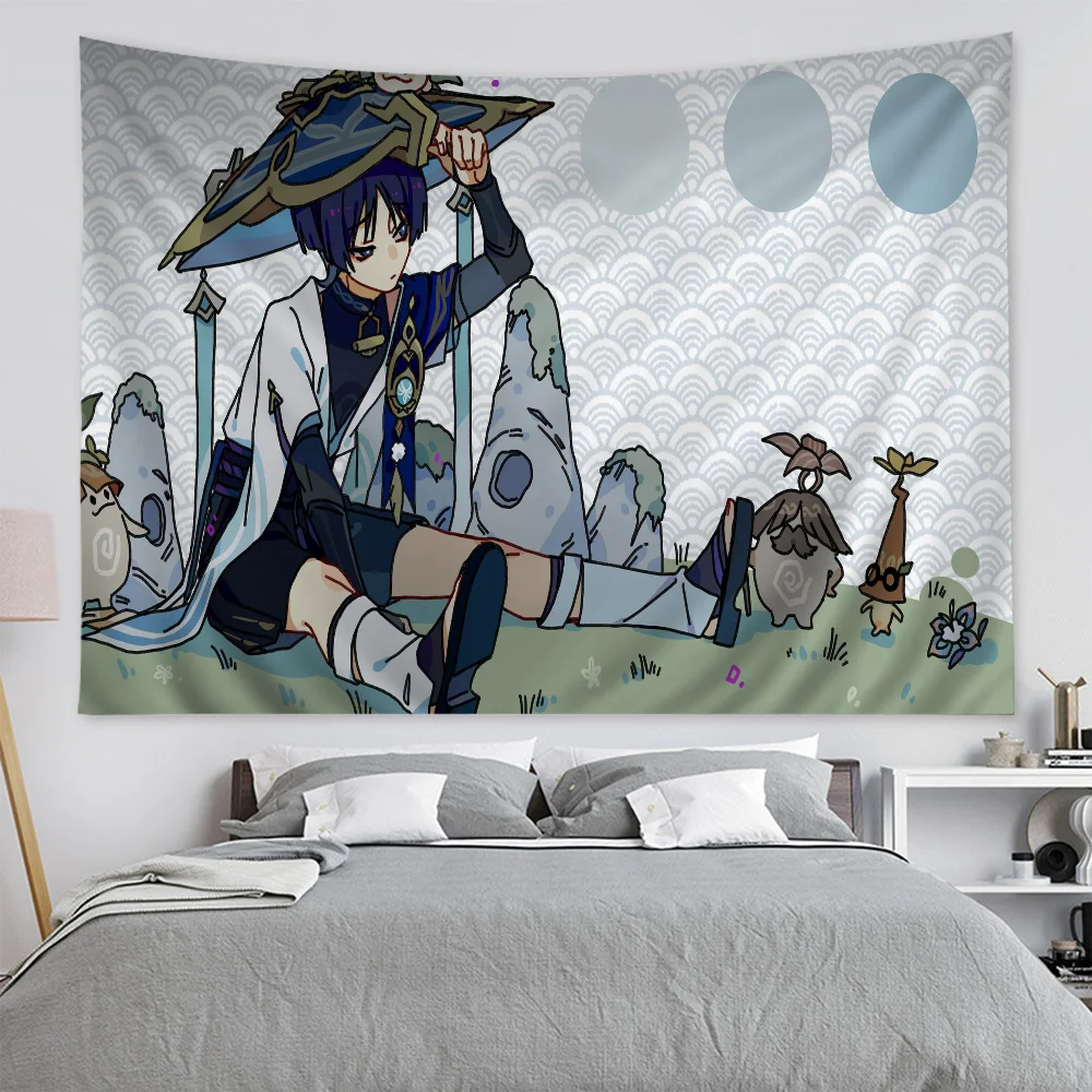 Anime G-Genshin I-Impact W-Wanderer Colorful Tapestry Wall Hanging Bohemian Wall Tapestries Mandala Wall Hanging Sheets