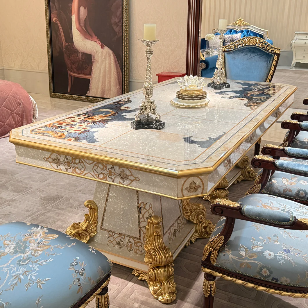 *Classic Luxury Artistic Shell Wood Veneer Inlay Gold Carved Legs Luxury Designer Dining Table with for Luxury House Villa Hotel