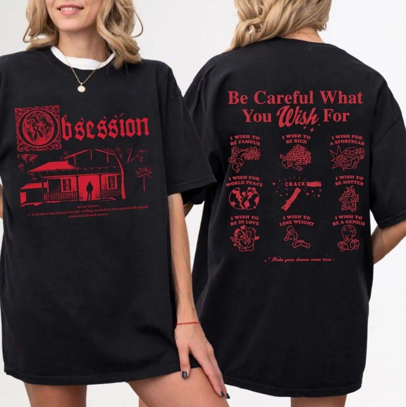 Autumn Vintage Obsession Print T‑Shirt Be Careful What You Wish Scary Movie One Wish Willow Graphic Short Sleeve Tops for Women