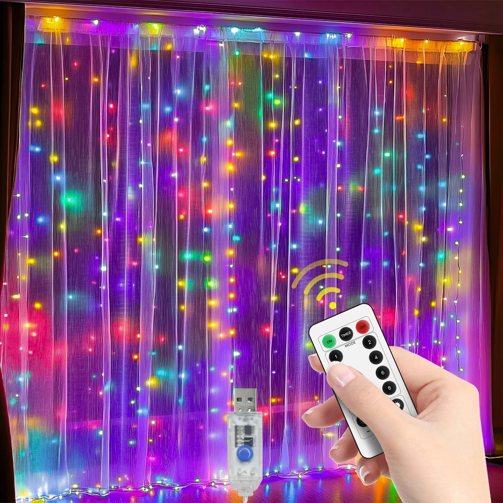 

Гирлянда для штор для внутреннего/наружного применения — пульт дистанционного управления, 8 режимов и USB-разъем, гирлянда для светодиодных штор для декора двора для рождественской вечеринки