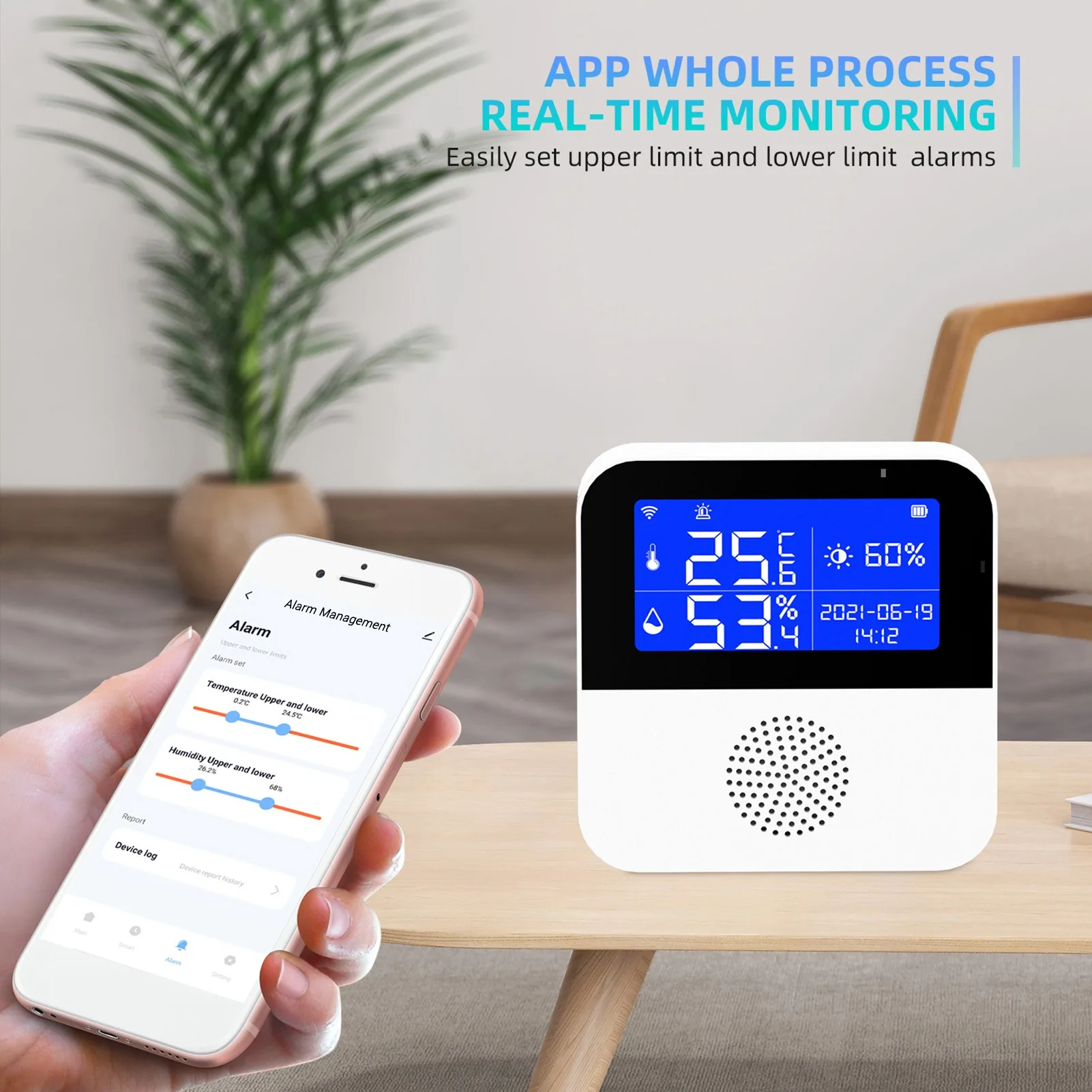 

Wi-Fi-датчик температуры и влажности, комнатный гигрометр, термометр с функцией сигнализации, управление через приложение, 2,9-дюймовый ЖК-дисплей с подсветкой ℃ / ℉