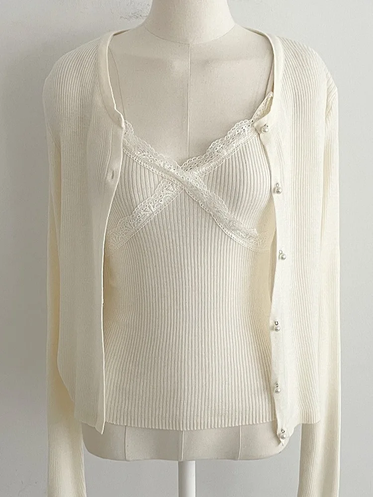 Chic Knitted ort Sweater Vest Set for Women V-Ne Open Cardigan Sle Gentle Fre Two-Piece Ensemble Autumn Faion