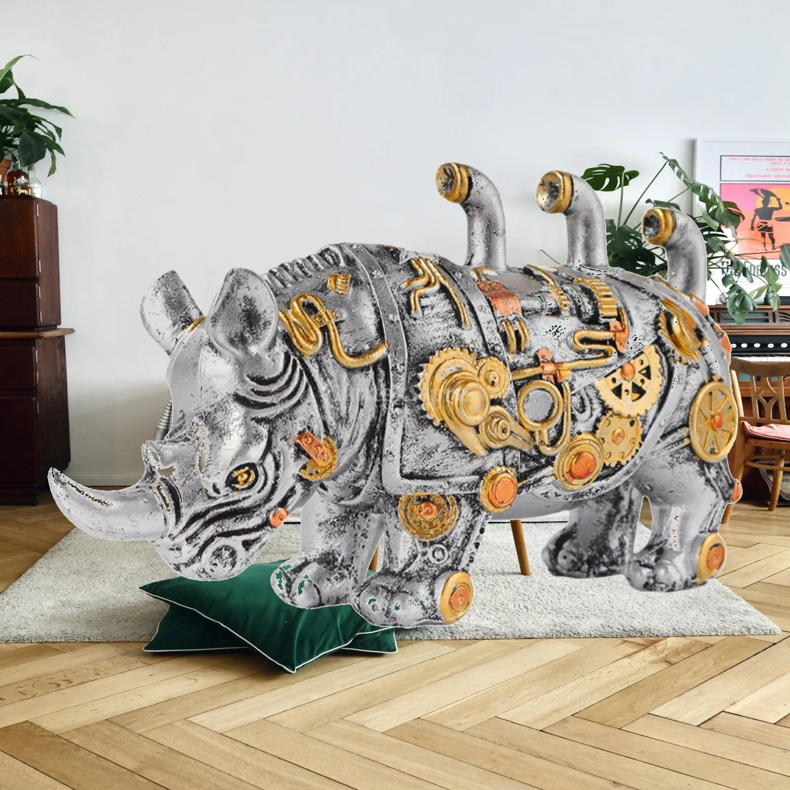 Machinery Punk Rhino Sculpture Desktop Decor Easy to Use Unique Practical Resin Craft Ornament for Desk Cabinet Bedroom Home