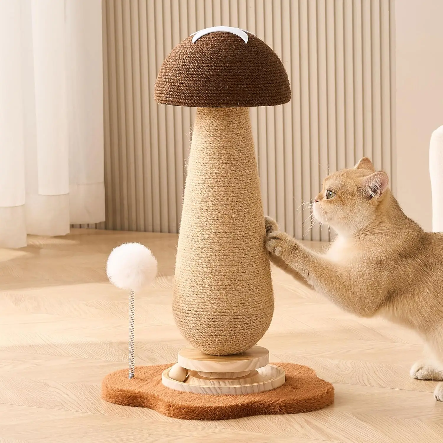 

Mushroom Cat Scratching Post Cat Tree, 21.5‘’ H Cute Cat Scratcher Tower with Durable Solid Wood Turntable Toy, Acorn