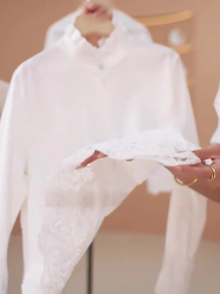 Ele Lace Splice Long Sve irt Damen Faionable Frühherbst-Design Einfaches, bequemes Oberteil, gerader Schnitt, reine Farbe