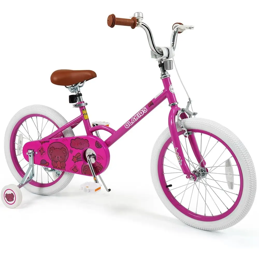 Children's 12-18 Inch Bear-Themed Bike with Training Wheels, Adjustable Seat and Brakes for Toddlers