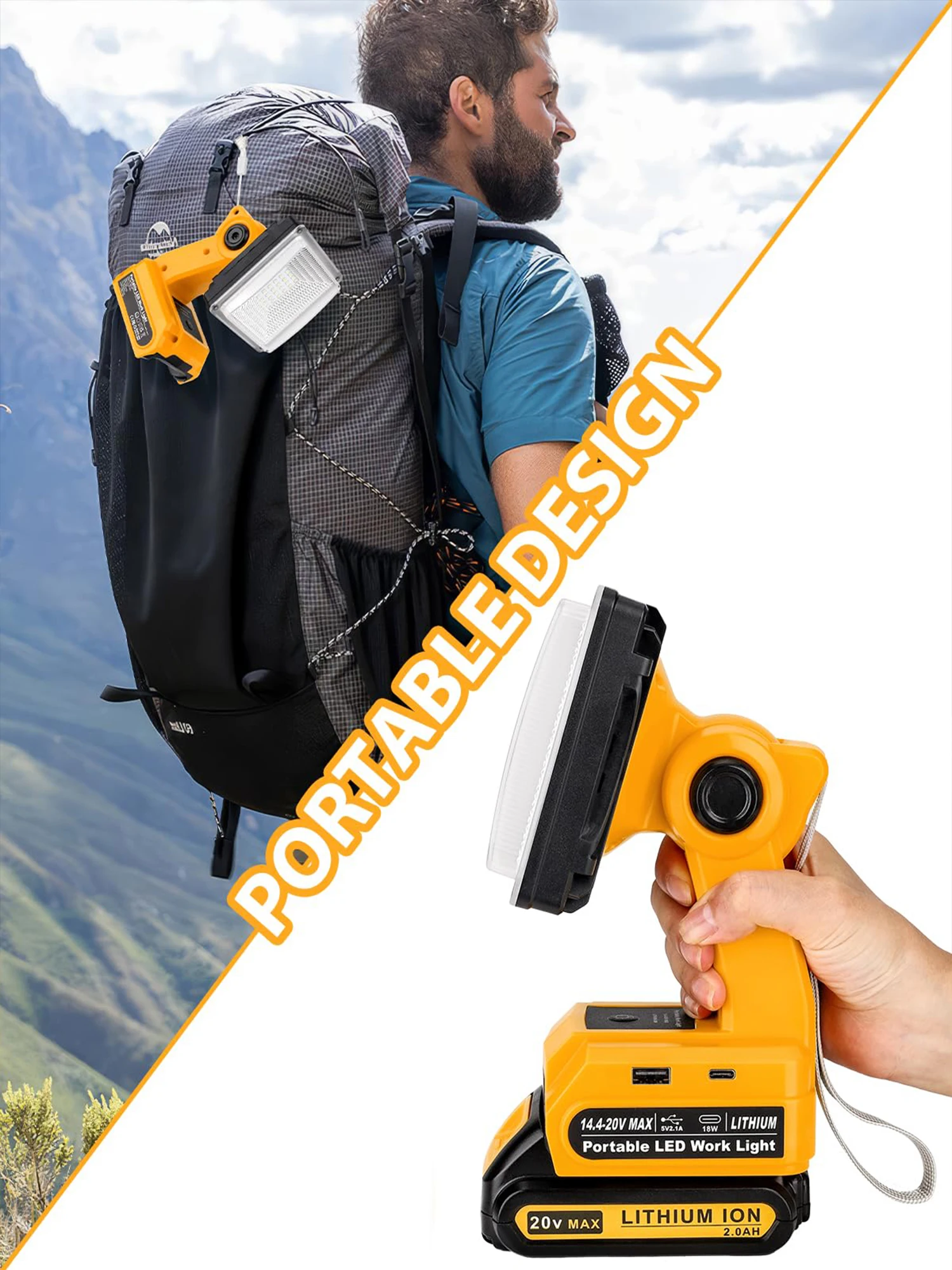 25W 1500LM LED ضوء العمل لـ Dewalt 20V 60V بطارية ضوء الفيضانات في الهواء الطلق مع USB-A وUSB-C 2.1A منافذ شحن سريع 3 أوضاع إضاءة لإصلاح السيارات في موقع العمل والتخييم والطوارئ DCB200 DCB203 DCB204 DCB205 DCB206 DCBP0