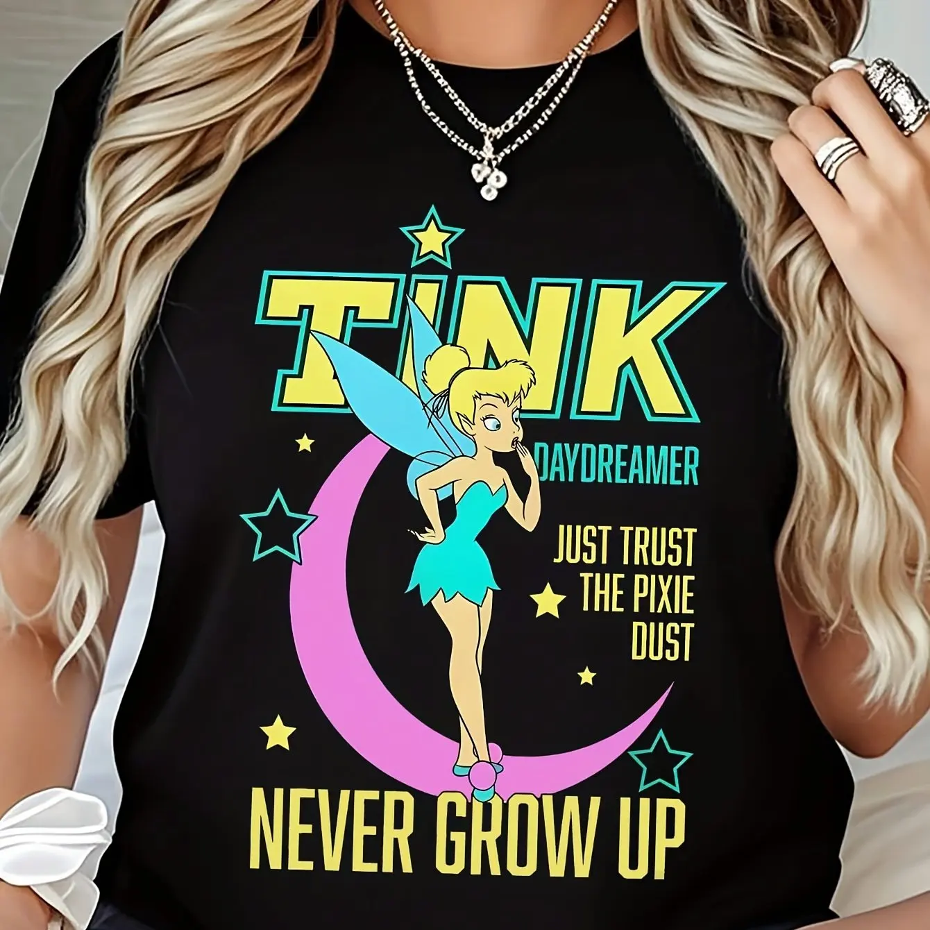 

Women's Disney Tinker Bell Never Grow Up Graphic Tee Vintage Fairy Costume Design with Never Grow Up Phrase
