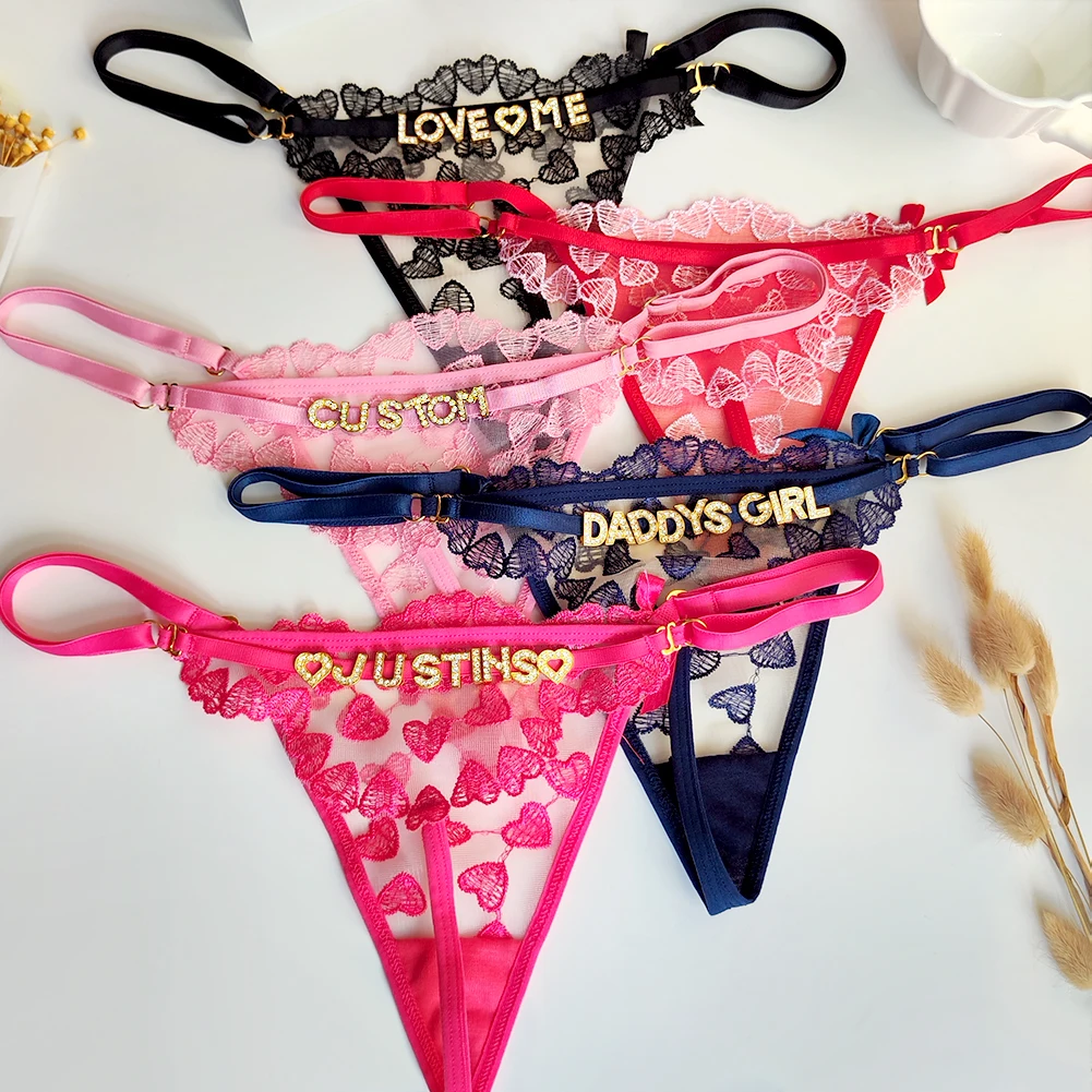 Sexy Lace Embroidery Cotton Heart Thong Custom Name Letter Panties Women Girls Adjustable Thongs G-string Bikini Underwear Gift