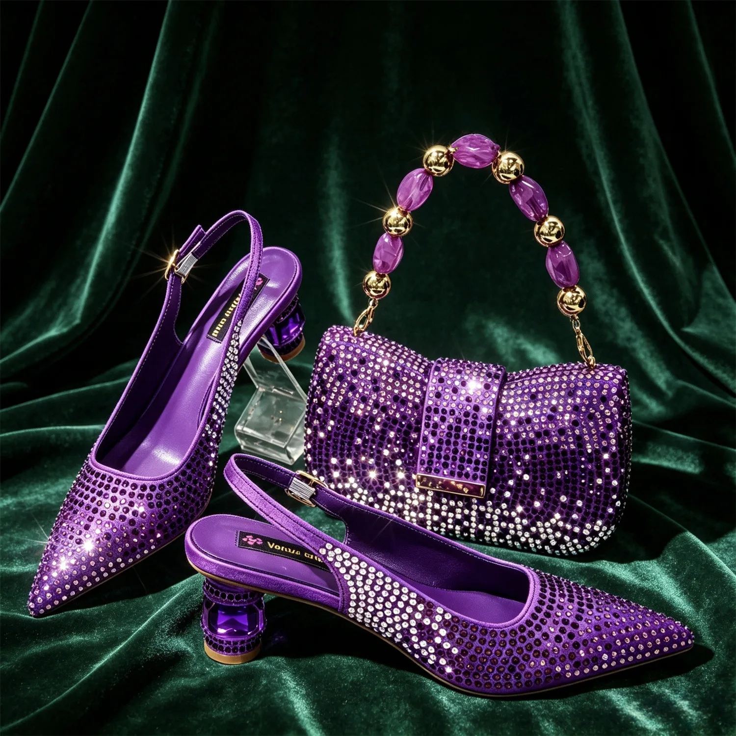 

Purple Rhinestone Shoe and Bag Set Women Pointed Toe Slingback Block Heels Matching Purse for Wedding Party Evening Prom