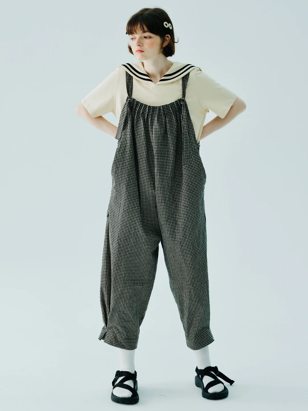 

IMAKOKONI Original Design Checkered Strap Pants Summer Strap Pocket Panel Loose Casual Fashion Strap Pants 234115