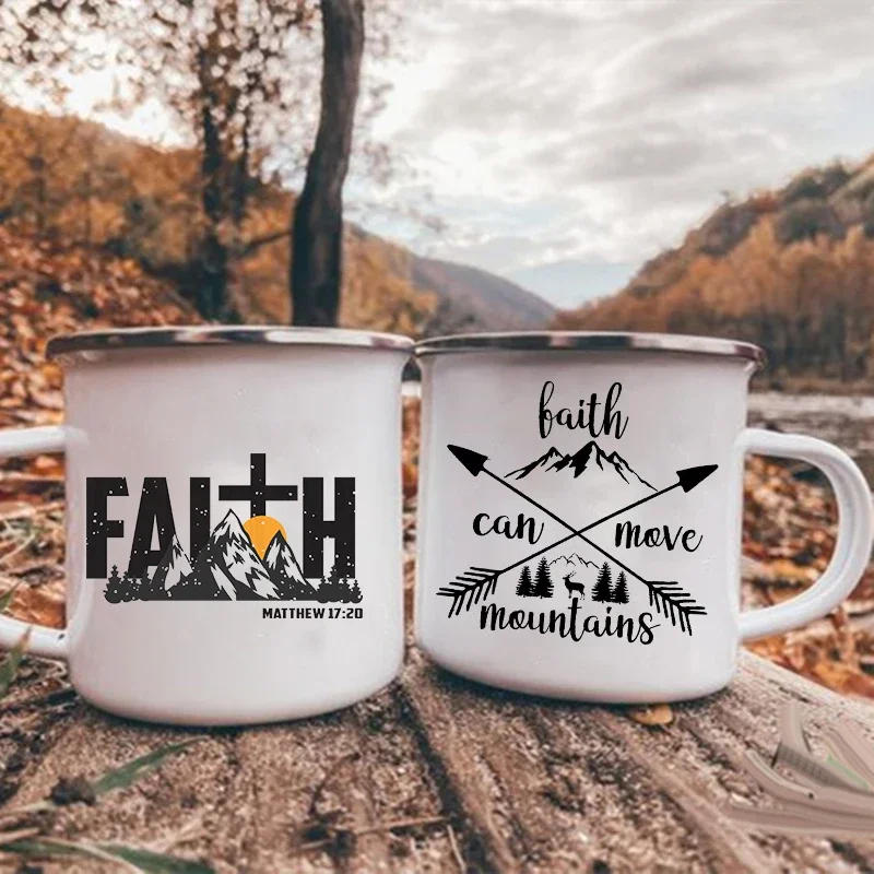 Faith Can Move Mountains Print Coffee Mugs Camping Enamel Mug Adventure Campfire Party Beer Cup Mountain Handle Cups Gift Camper