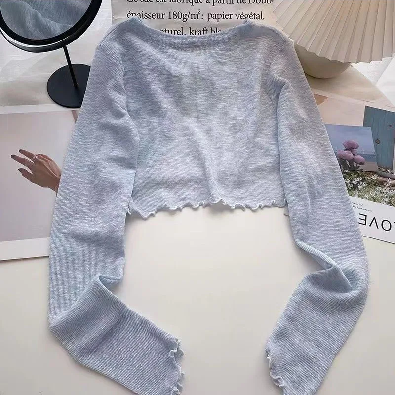2025 Summer Women Thin Sunscreen Cardigan Solid Color Bow Lace Up Long Sleeve Crop Top Woman Korean Style Sun Protected Knitwear