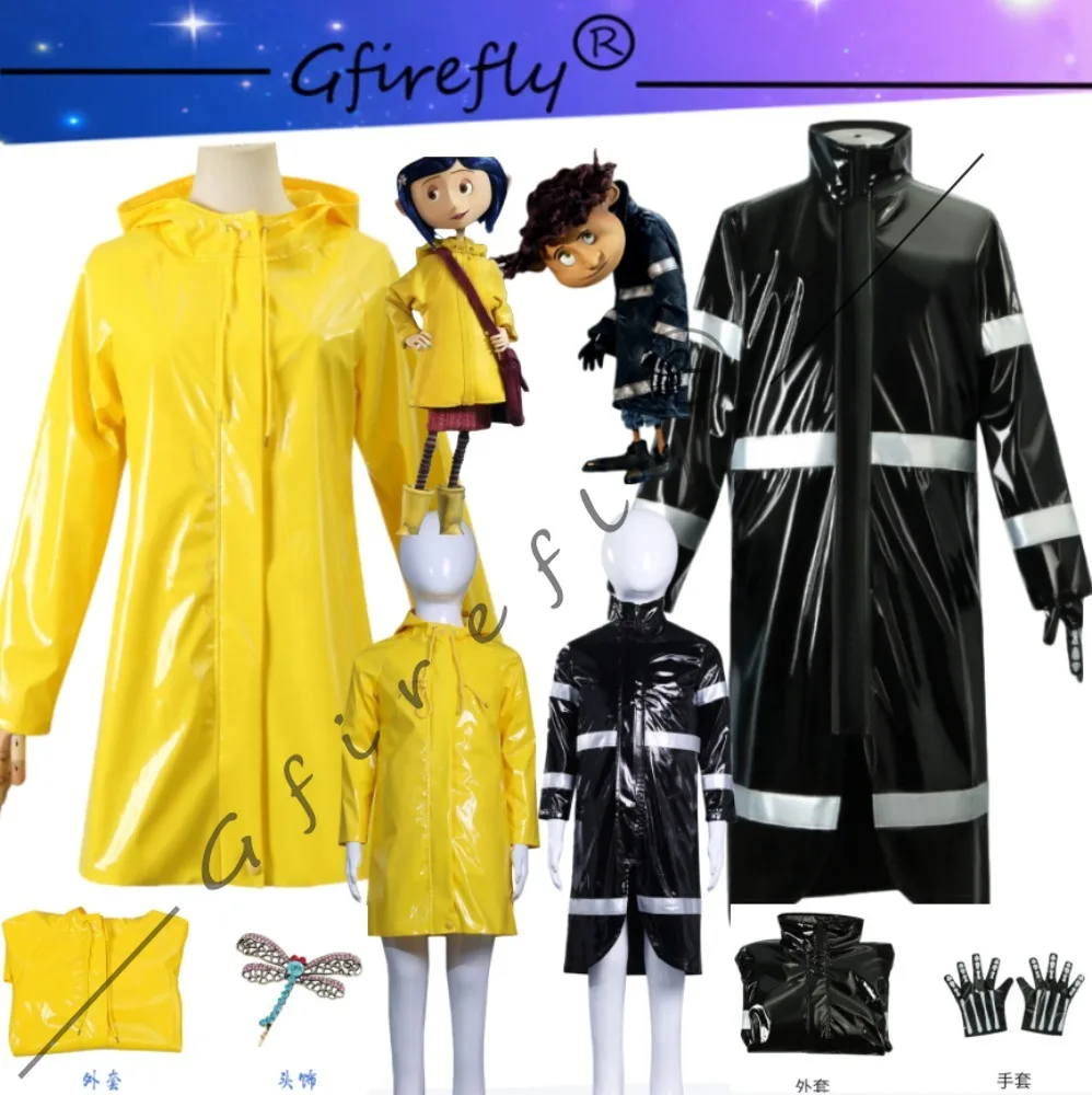 

Movie Coraline Cosplay Costume Characters The Same Children Adult Full Set of Yellow Raincoat Accessories Wig Halloween Costume