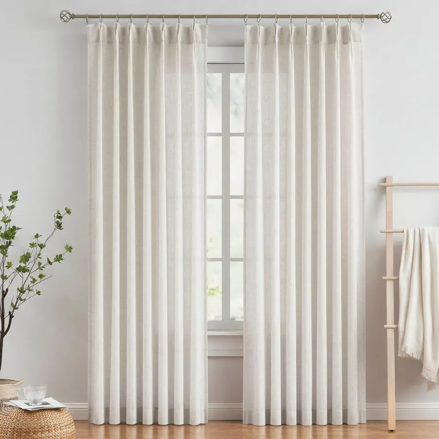 

Natural Pinch Pleated Semi Sheer Curtains Textured Linen Blended Light Filtering Window Curtains 102 inch for Living Room Bedroo