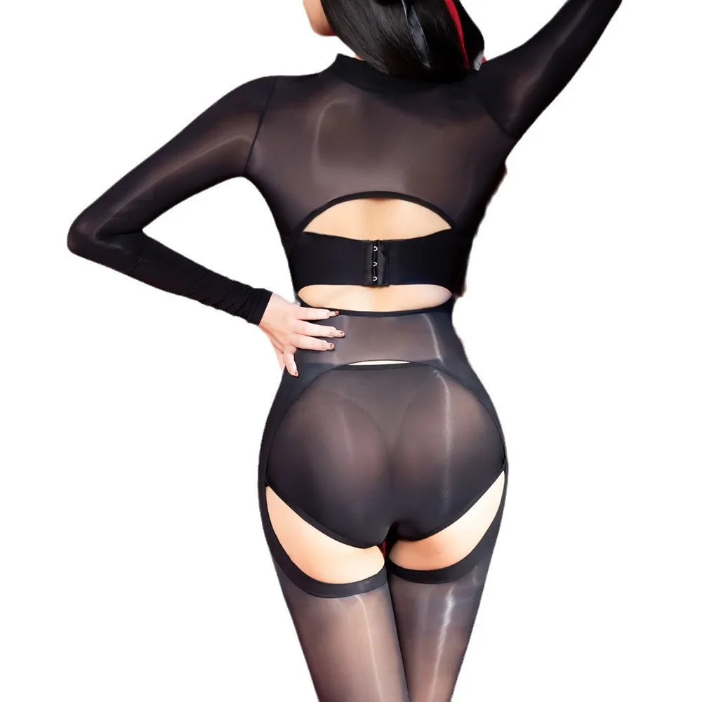 6D جوارب داخلية سيدة مثير النفط لامعة عارية الذراعين حللا مفتوحة المنشعب Catsuits المثيرة الملابس الداخلية النساء السلس نيسيي الجوارب